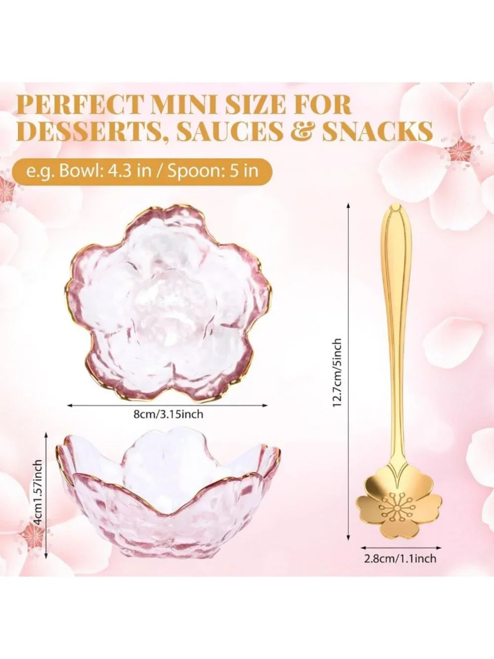 Set of 8 Mini Pink Cherry Blossom Bowls with Flower Spoons - Elegant Tableware